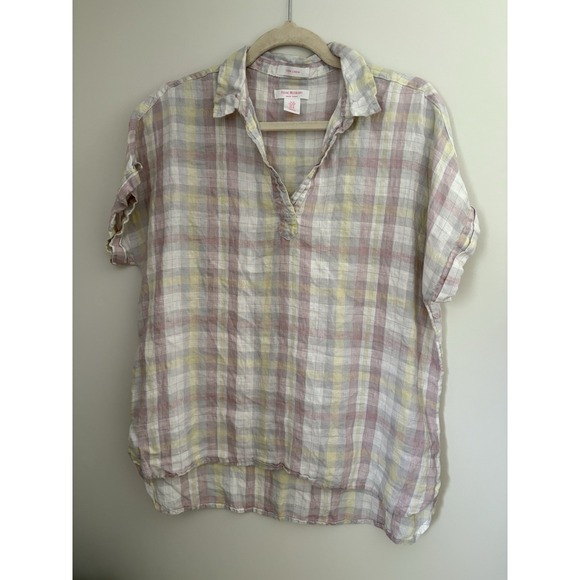 Isaac Mizrahi New York 100% Linen Plaid Short Sleeve Tunic Top Pink Yellow Med - Picture 2 of 8